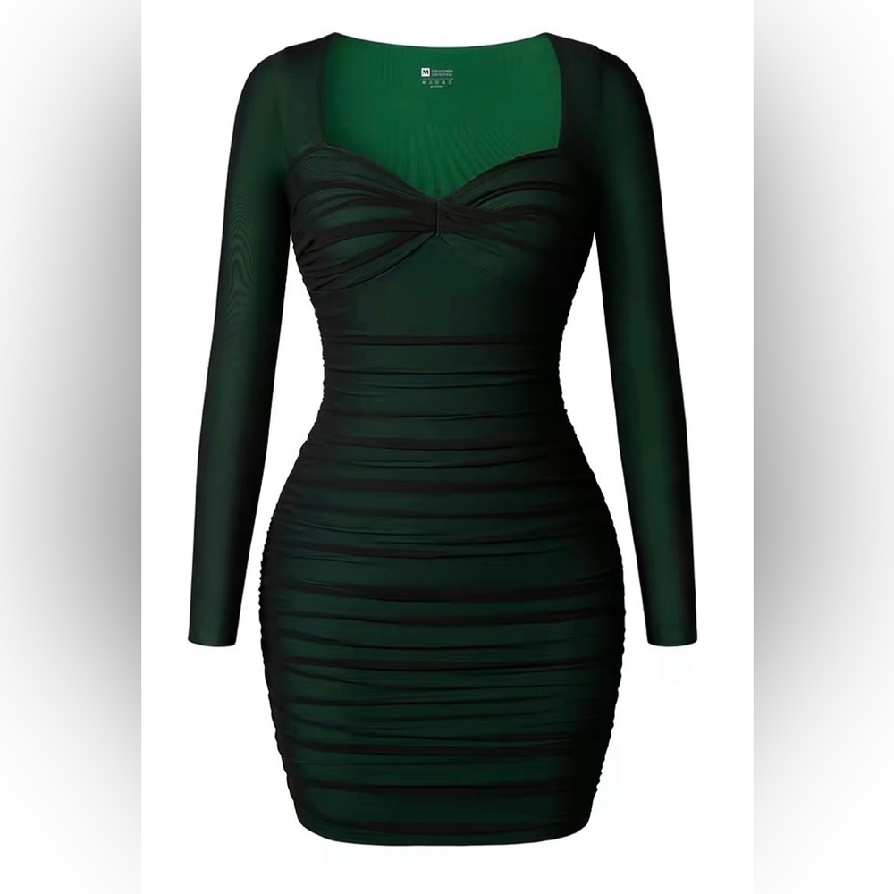 Green & Black Mesh Ruched Long Sleeve Sweetheart Neckline Bodycon Mini Dress
